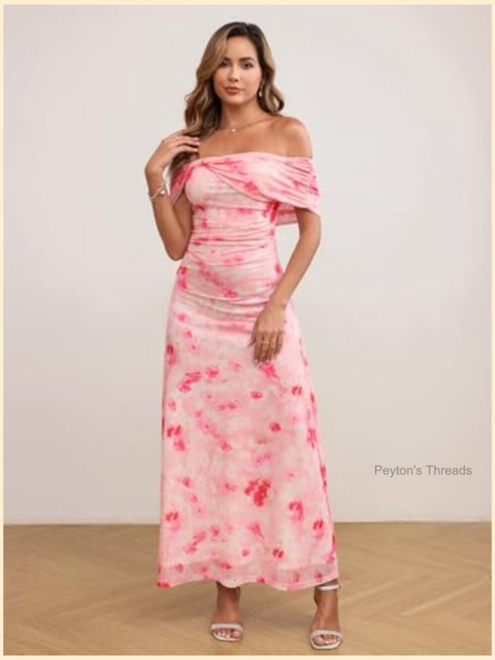 Off Shoulder Floral Bodycon Maxi Dress Ruched Long Formal Wedding - Picture 4 of 7